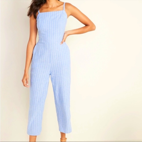*Brand New* Old Navy Cropped Jumpsuit - Blue & white- - Picture 1 of 6